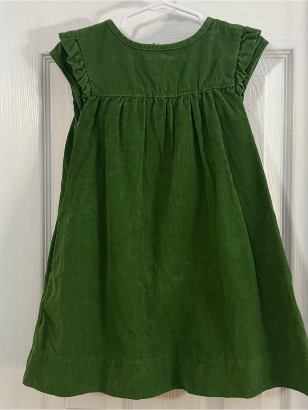 Mini Boden Baby Girl Emerald Green Corduroy Ruffle Short Sleeve Dress & Pockets